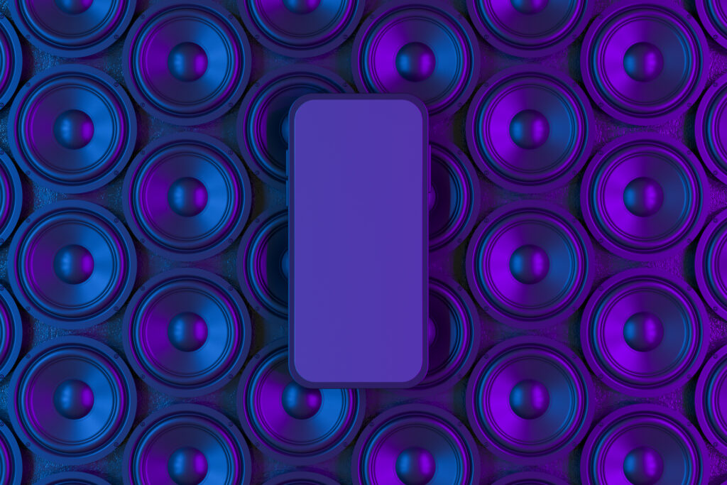 3d render, smart phone mobile application presentation mockup neon lighting audio speaker black background