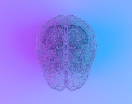 illustration of the outline of a brain on gradient blue and purple background