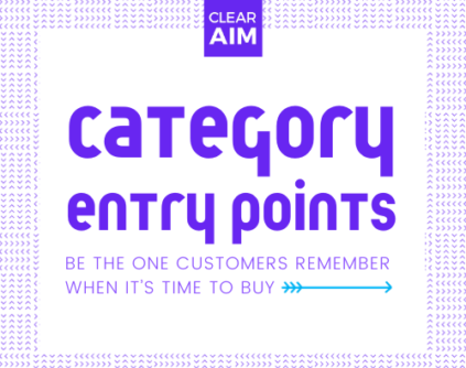 Purple logo with the words Clear Aim. White box with the text Category Entry Points: be the one customers remember when it's time to buy
