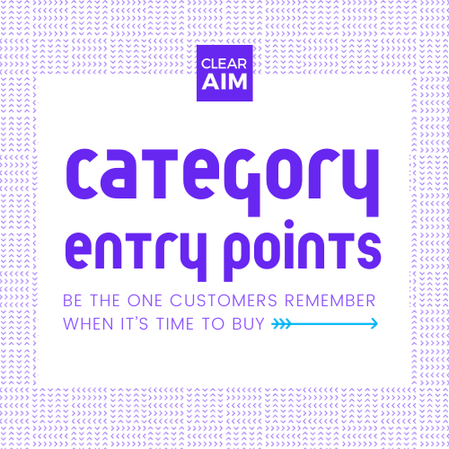 Category Entry Points header image featuring a purple logo with the words Clear Aim. White box with purple text reads: Category Entry Points: be the one customers remember when it's time to buy