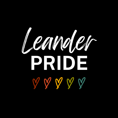Leander PRIDE logo in white letters over rainbow hearts