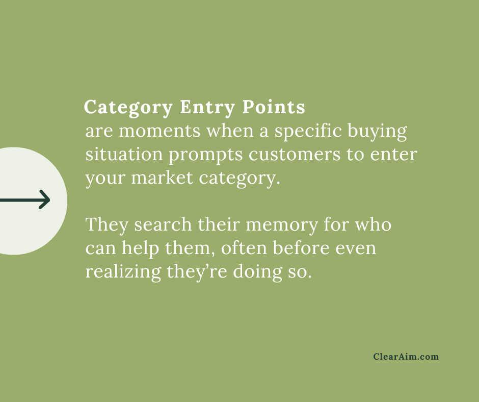 Category Entry Points are moments when a specific buying situation prompts customers to enter your market category. 

They search their memory for who can help them, often before even realizing they’re doing so. 